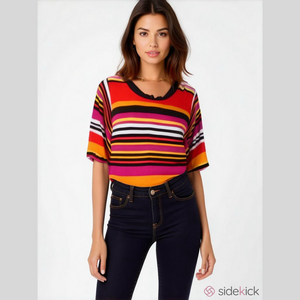 MULTIPLES Multi Colored Striped Rayon Horizontal Short Sleeve Top Black Trim